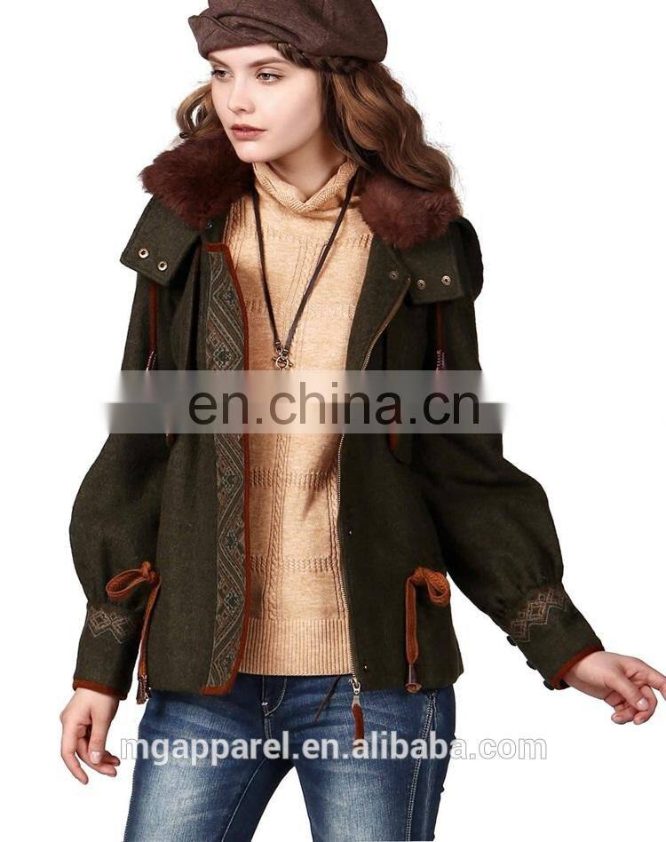 2015 Fashion winter warmth short coat embroidered draw string hooded rabbit fur collar woman coat
