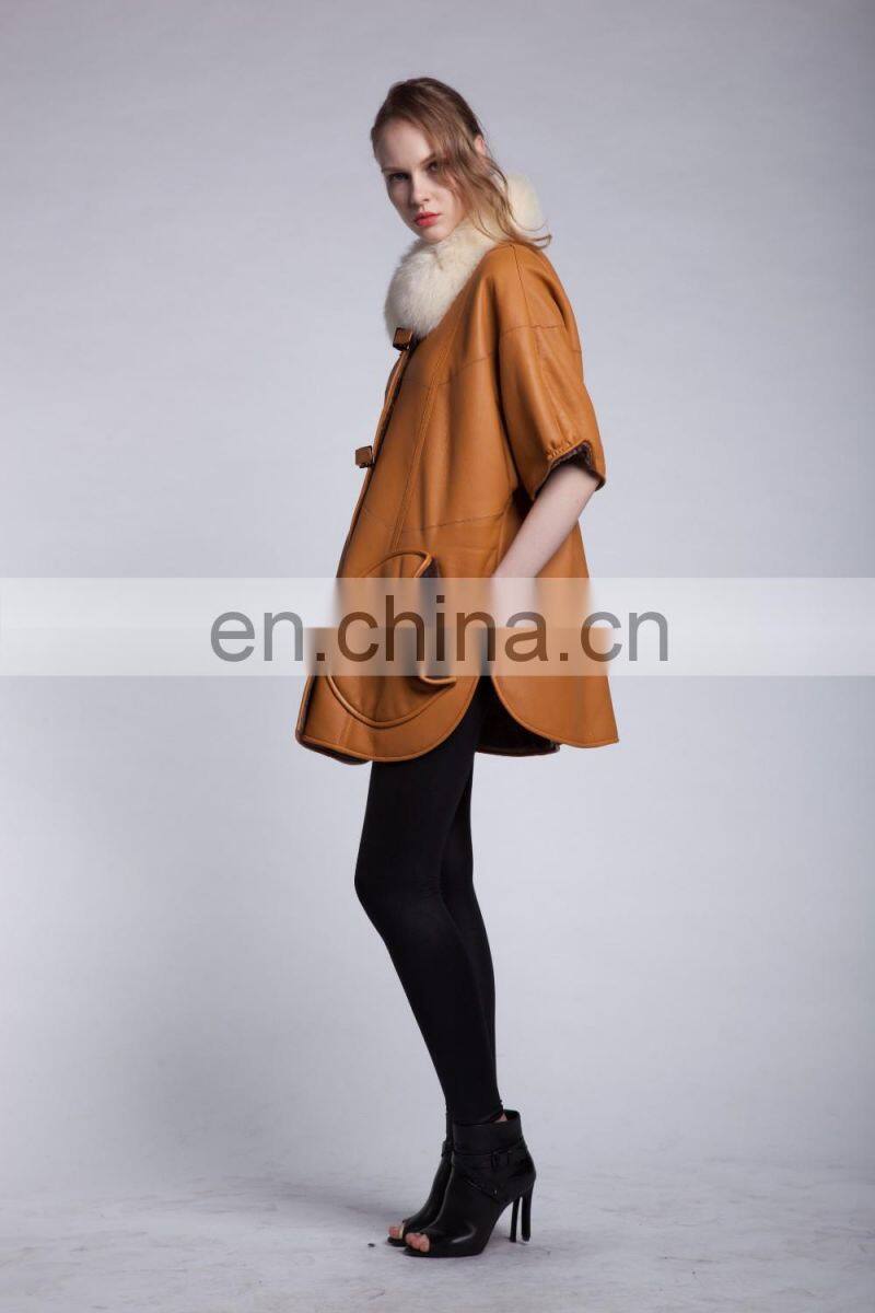 Winter Fur And Leather Overcoat Fox Fur Collar Sheepskin Fur Coat Cream Collar Lamb Fur Jacket