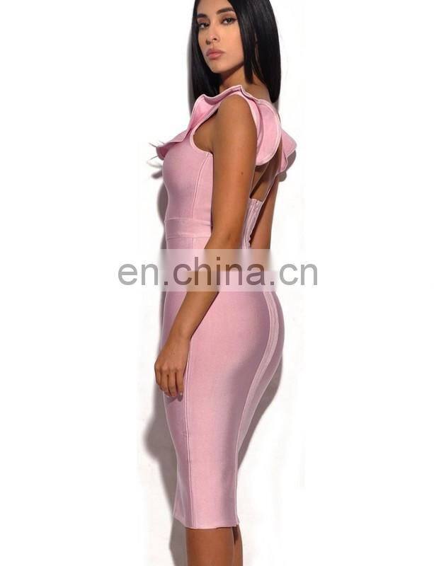 Amigo 2017 new style sleeveless Lotus leaf collar backless sexy bandage dress midi evening dresses for women party wear