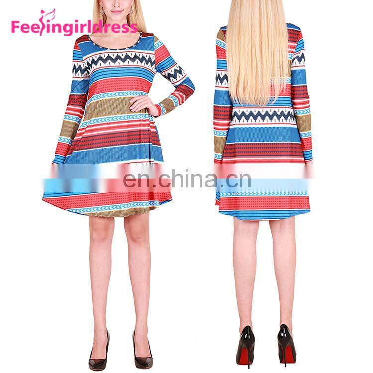 Free Samples Black Print Long Sleeve One Piece Dress Of Knee Length Casual Dress