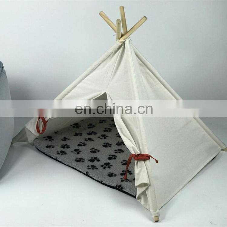 Pet Teepee Tent for Dogs Cats Portable Foldable Cotton Canvas Pets House Bed for Rabbit Puppy 4 Poles Pine Wooden with Floor Whi