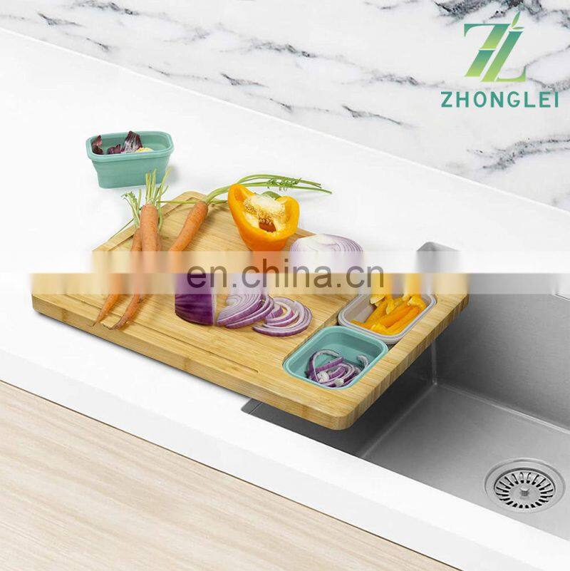 Bamboo Cutting Board, with 4 Collapsible Silicone Food Storage Containers and Lids for Storage