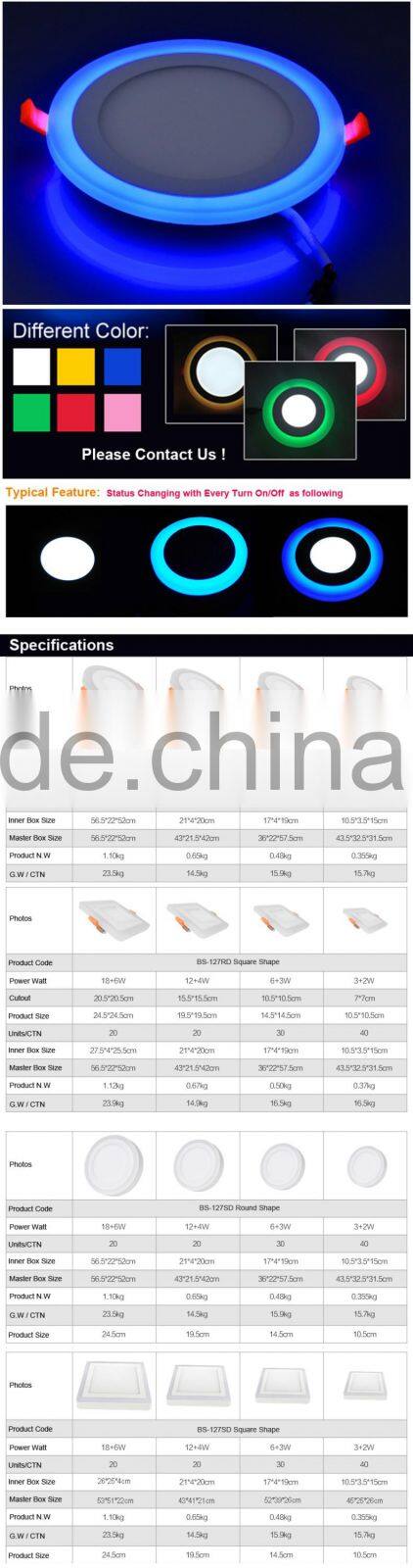 Double Color Blue Red Green Plus White Round Square LED Panel Light