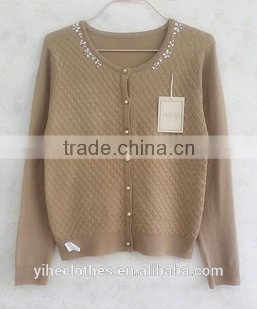 Lady plaid knitting wear beaded long sleeve sweater cardigan