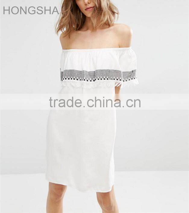 Latest Designs Off The Shoulder Machine Embroidery Tassle Dress HSD2367