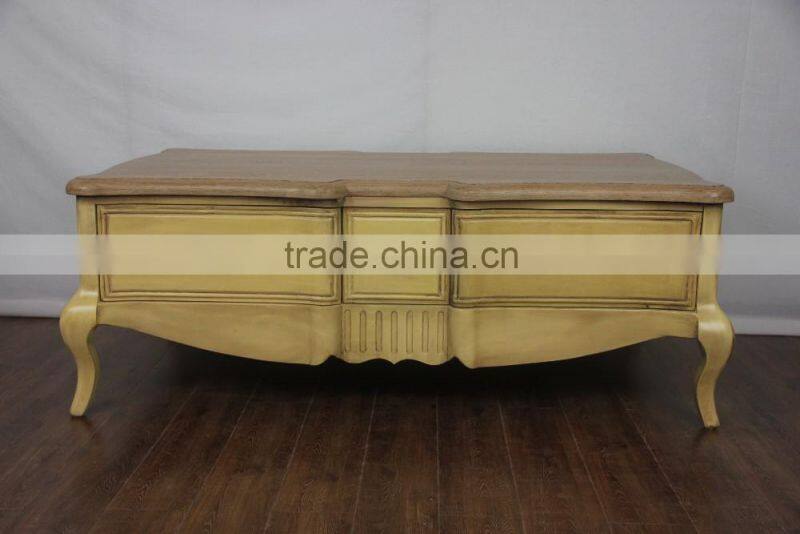 Antique yellow paint solid wood Vintage Carved Low Coffee Table