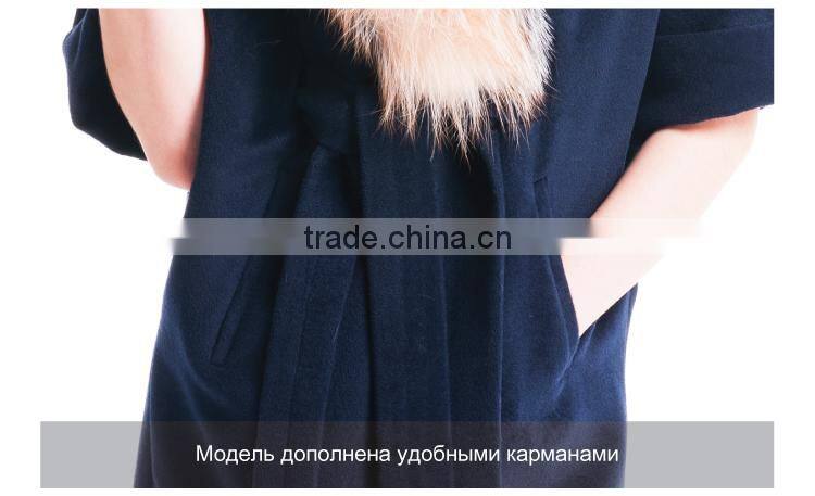 Autumn and winter length seven points women coat with silver fox Fur collar cashmere overcoat
