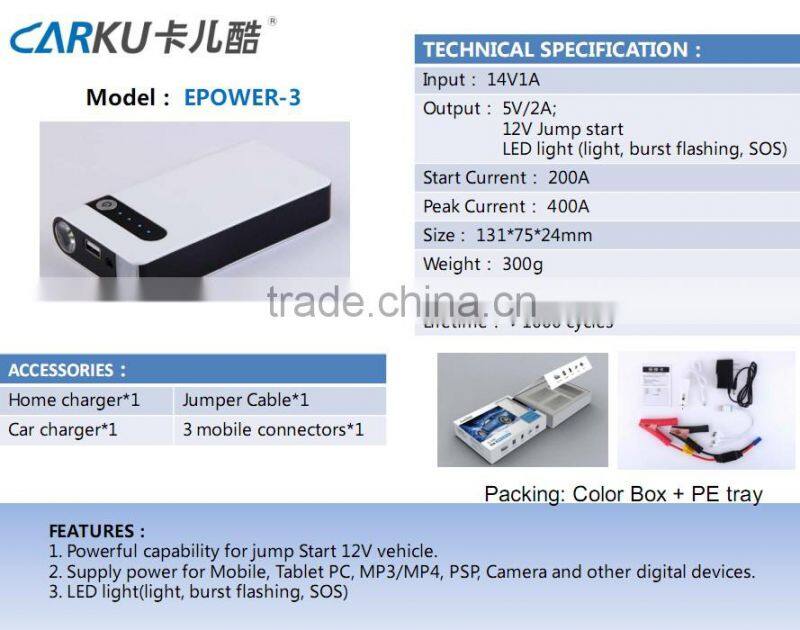 Carku mini jumper starter power bank for 12V car battery starter Car battery charger