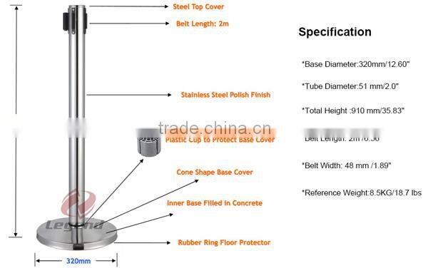Crowd control barrier retractable belt stanchion queue pole