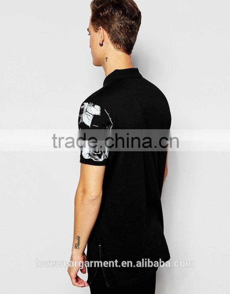 longline polo shirt with floral sleeve print & side zips