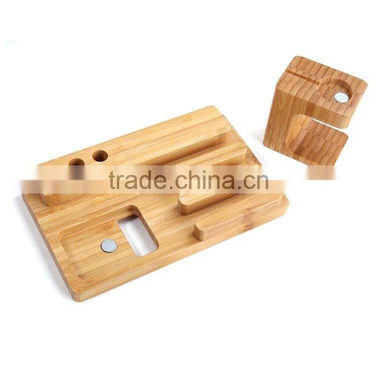 Bamboo Wood 3 in 1 Office Home Desk Cradle Holder with Phone Tablet Stand Wooden Holder