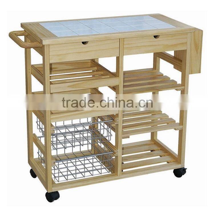 Wooden Kitchen Serving Trolley Service Cart with 4 Tiers and Wine Bottle Holders and Casters for Sale