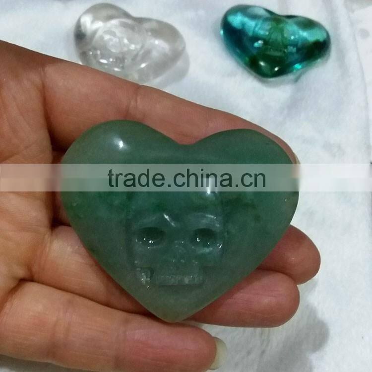 Natural Green Adventurine Crystal Heart With Engraved Skull For Gift