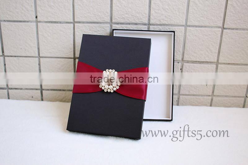 Black Color Silk Wedding Invitation Box With Crown Brooch Embellishment