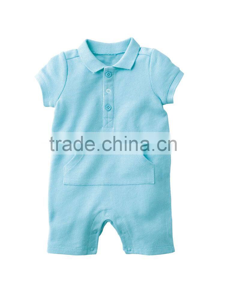 blank summer baby romper in polo collar with front pocket