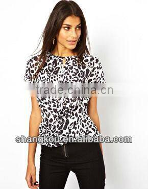 2013 high fashion design women summer Leopard Print Top crew neck line and short sleevle tops and blouse shkz85