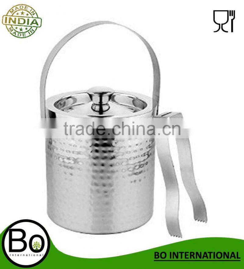 Stainless Steel Hammered Ice Bucket With Tong, 2000 ml, 18 Cms x 18 Cms x 19 Cms, Set of 2 pc
