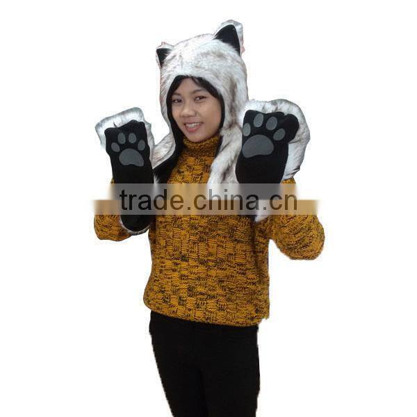 2015 White Wolf Fur Animal Hat Scarf with Paws