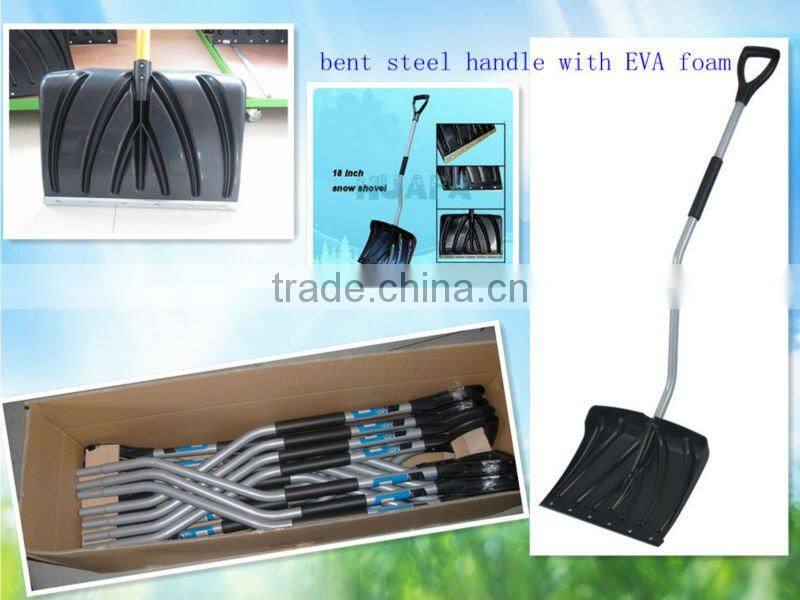 Plastic snow shovel with bend steel handle