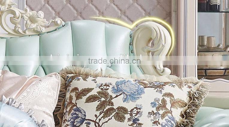 Neoclassic solid wood living room furniture fresh light blue color leather sofa set