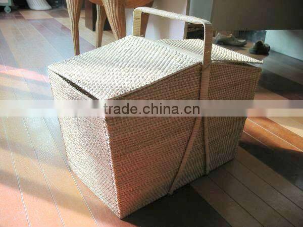 Empty rectangle wicker gift basket with lid and handle