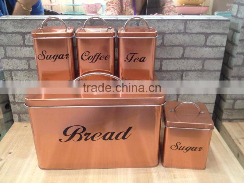 Set of 5 Household Square Metal Storage Canisters Bread Box Coffee Tea Biscuit Sugar Tin Jar