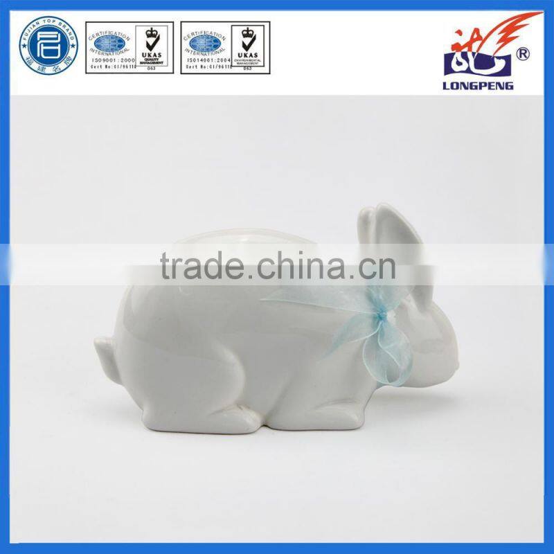 Ceramic Round Easter Bunny Rabbit Figurine with Blue Bow