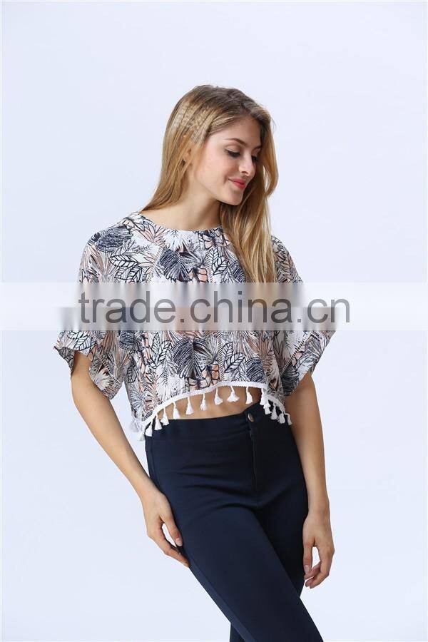 New print leaf print fashion crop tops with tassels hem for women