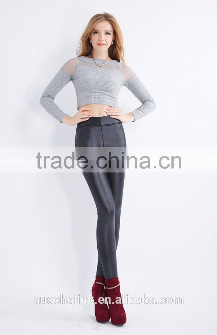best selling girl warm black PU leather pants winter trousers customized