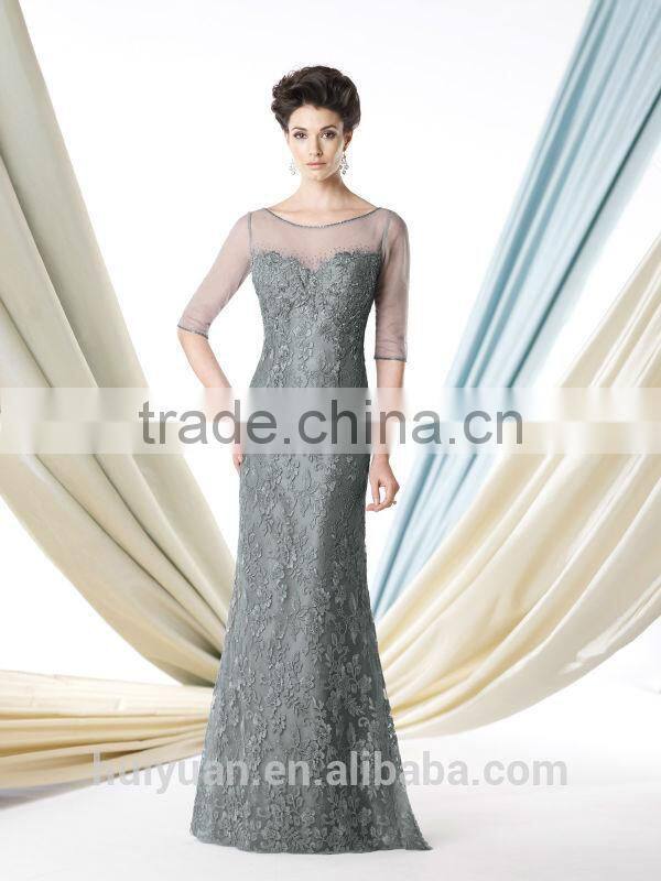 gold long round neck cap sleeve patterns of lace evening dress
