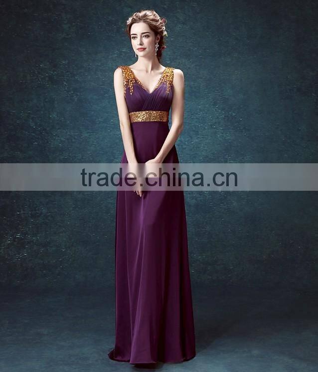 formal purple satin beaded v neck evening beach party wear dress