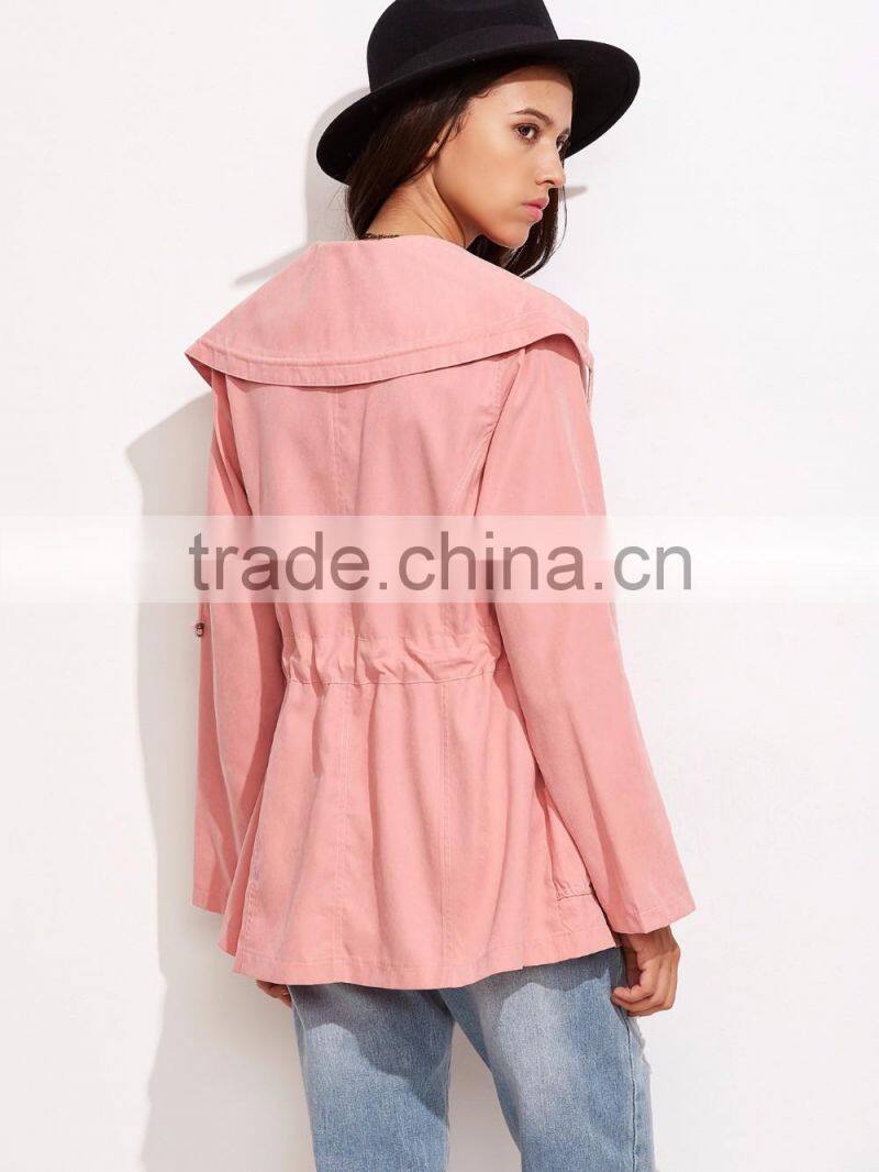 OEM Latest Pink Wide Collar Cotton Jacket Drawstring Utility Jacket Zipper Tie Waist Winter Coat Customized