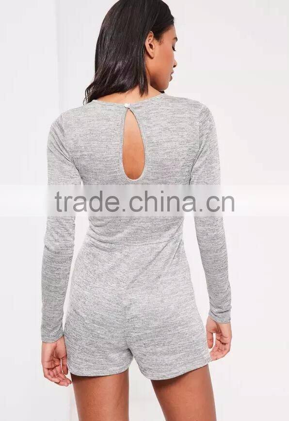 Grey Lace Up Romper Cut Hole Button With Long Sleeve Custom Cotton Blends Stretchy Slim Women Pyjamas