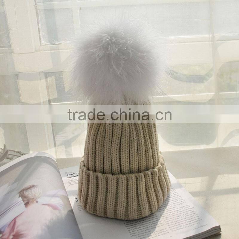 2016 Winter beanie Real Silver Fox Fur ball Knitting hat For Women Black Real Raccoon Fur ball Skullies