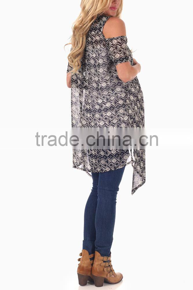 BLACK WHITE TRIBAL OPEN SHOULDER CHIFFON MATERNITY CARDIGAN