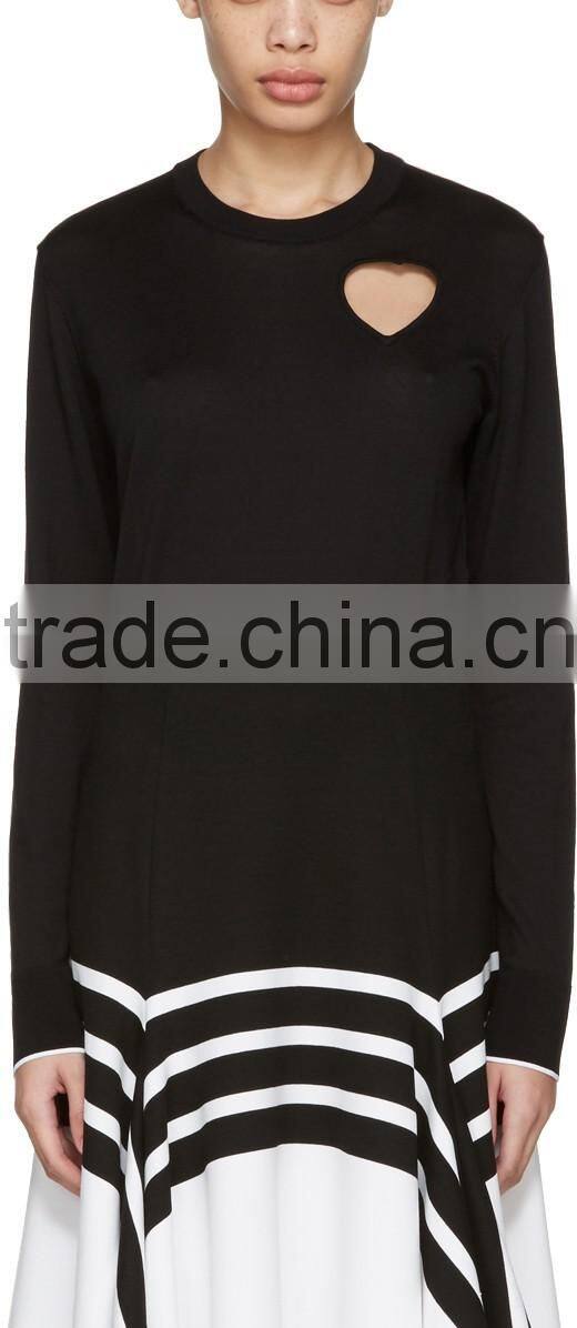 High Quality Wool Blended Crew Neck Heart Cut-Out Black Pullover for Women