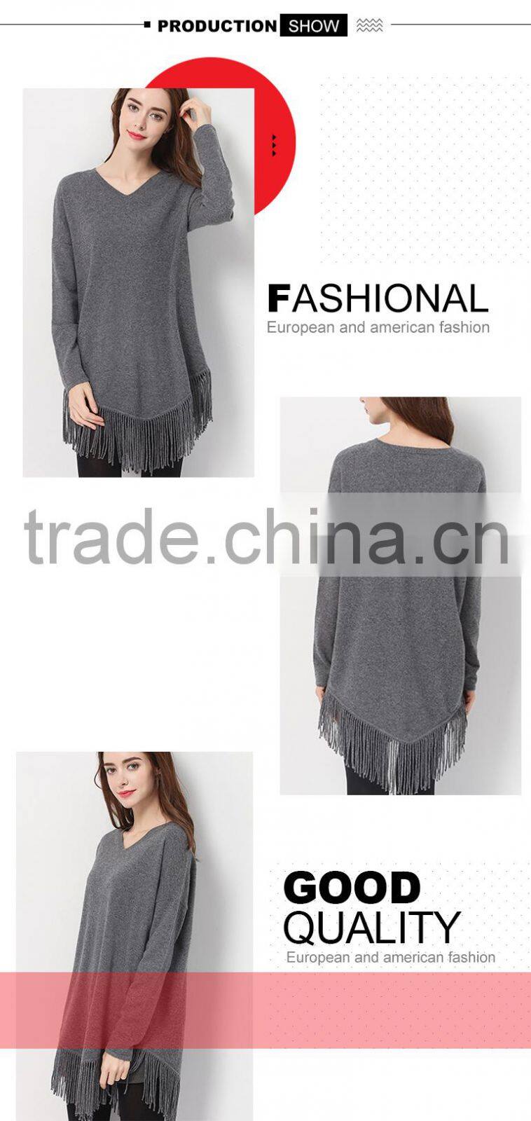 Hot sale winter women stylish polyester long pullover sweater with fringe