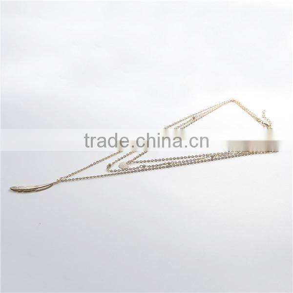 New Fashion Multilayer Layered Necklace Gold Plated With Feather Round Pendants French Gray Acrylic Beads 47.0cm long