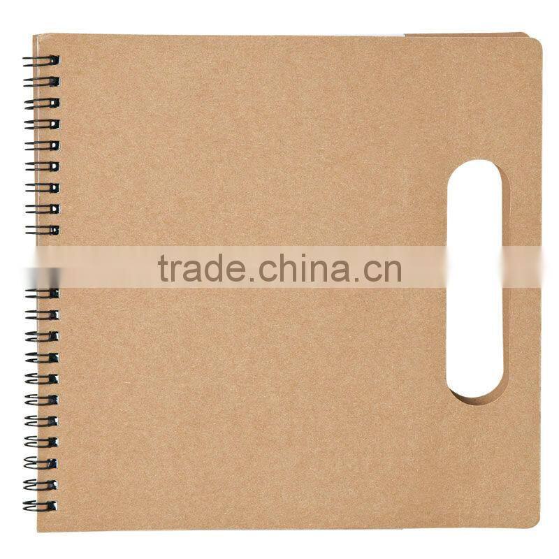 600grams kraft paper cover spiral winding cutout handle notebook notepad 70grams 70sheets 21*21cm with paper pen