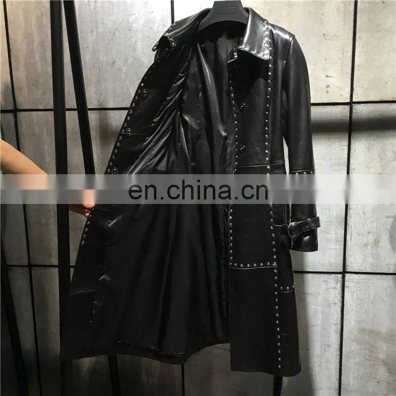 Fashion Classical Lady Windbreaker 100% Leather Jacket Semiformal Wear Ladies Long Leather Jacket