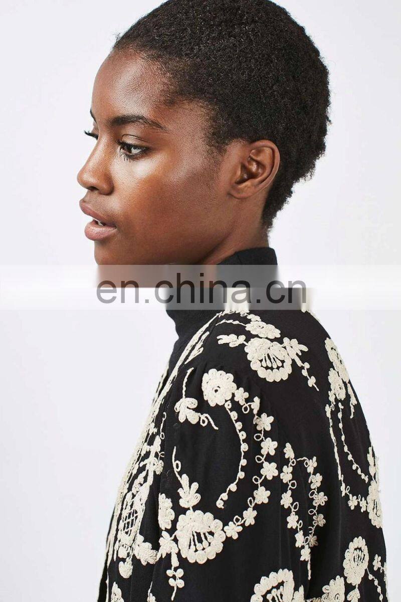 High fashion petite lace embroidered jacket black color ladies blazer designs