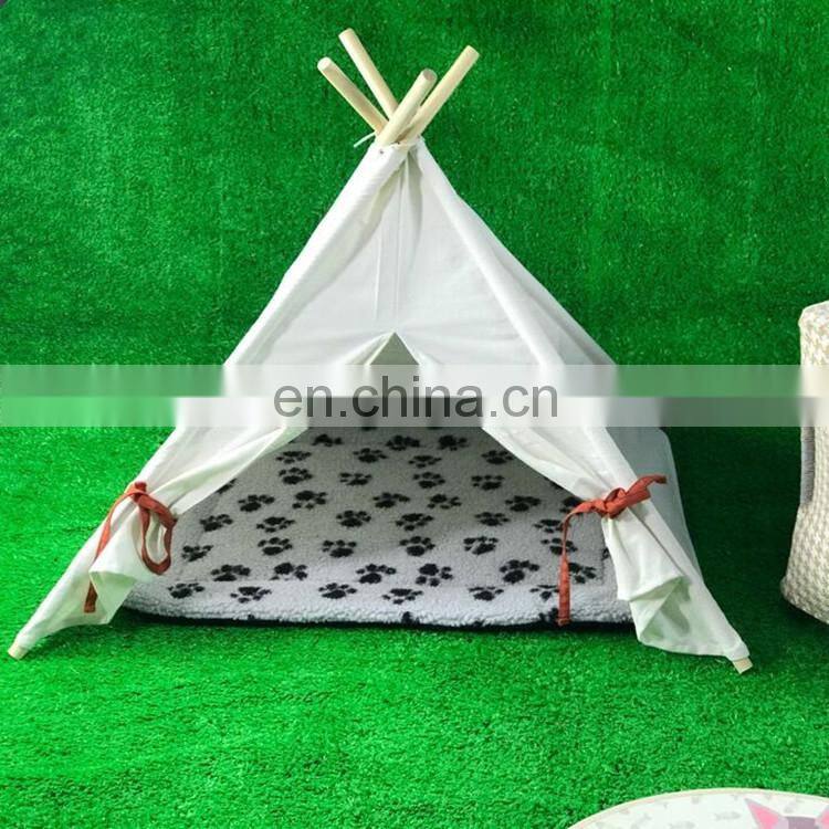 Pet Teepee Tent for Dogs Cats Portable Foldable Cotton Canvas Pets House Bed for Rabbit Puppy 4 Poles Pine Wooden with Floor Whi