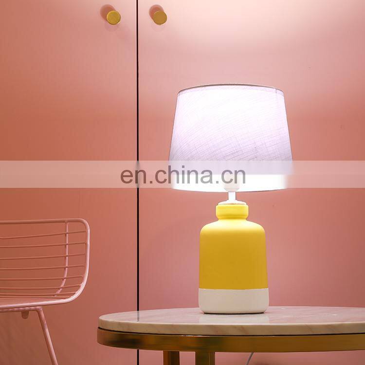 China direct sale matte yellow indoor lighting office hotel ceramic lamp with linen lampshade