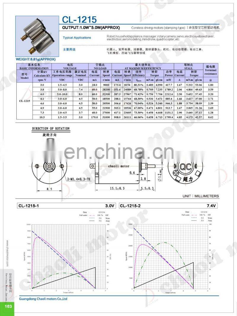 6.0V long life 3.7V coreless motor CL-1215 with very low current and high torque for Intelligent door lock and robot-chaoli2016