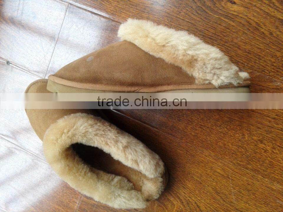 warm plush fur collar cow suede upper sheepskin lining men leather slipper