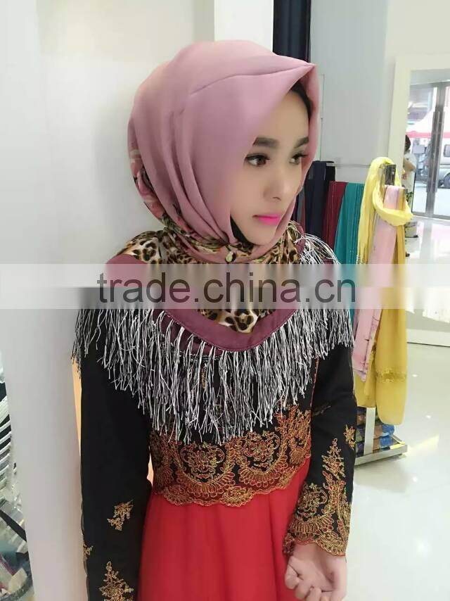 fashion islamic headscarf fringer print flower french cotton muslim square scarf for women
