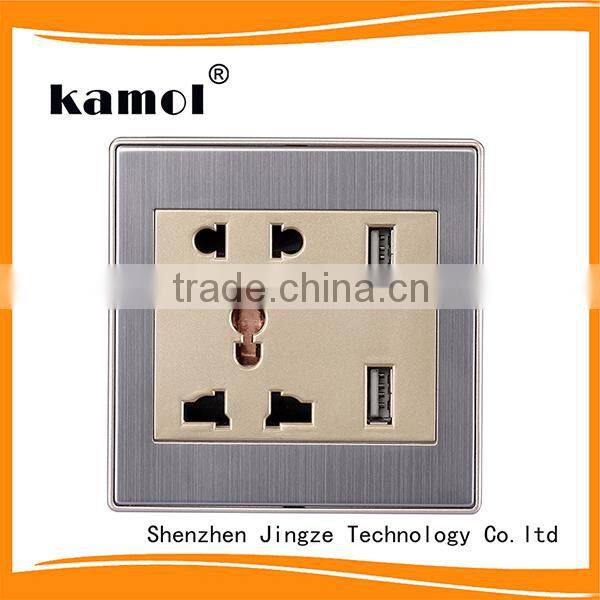 hot selling stainless steel material 5 pin plug socket with dual usb output