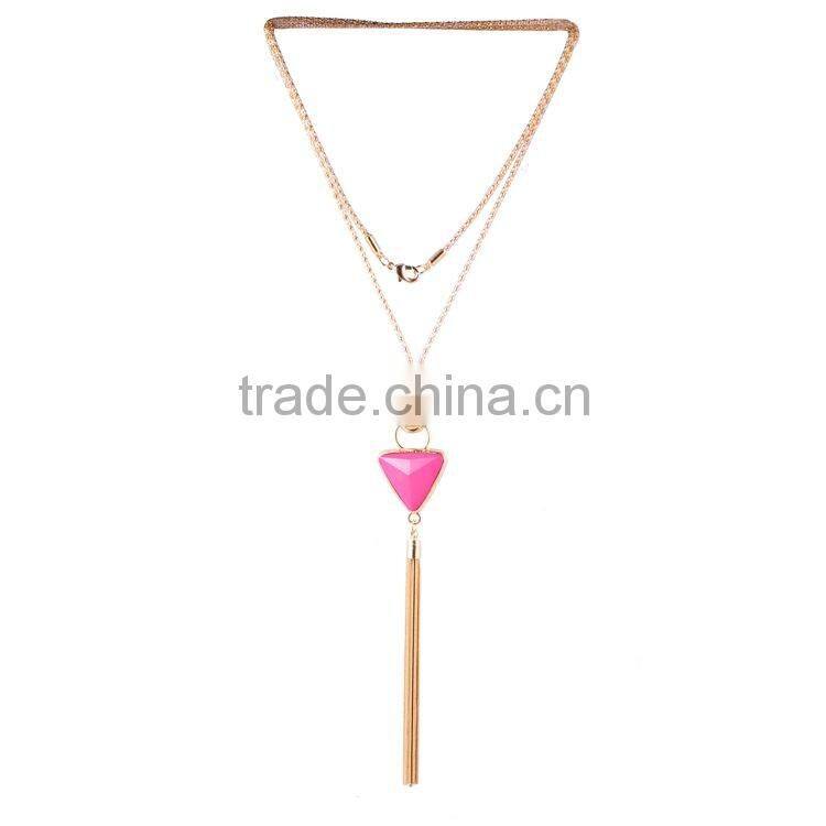 Bohemian Multilayers Long Chain Triangle Resin Bead Pendant Tassel Necklace