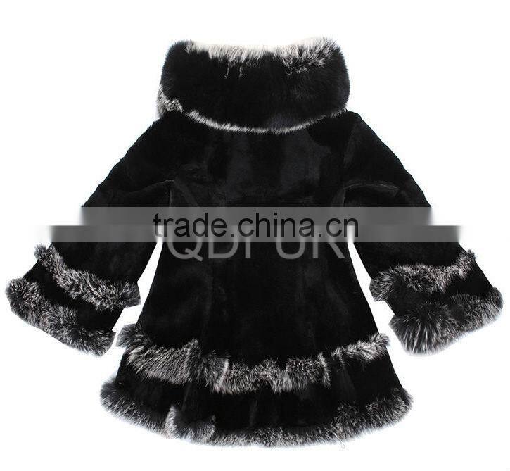 QD28040 Hot Selling Girl Women Lovely Fashion Rex Rabbit Fur Shawl with Silver Fox Fur Trim