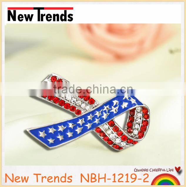 Fashionable shinning diamond red ribbon brooch 2014